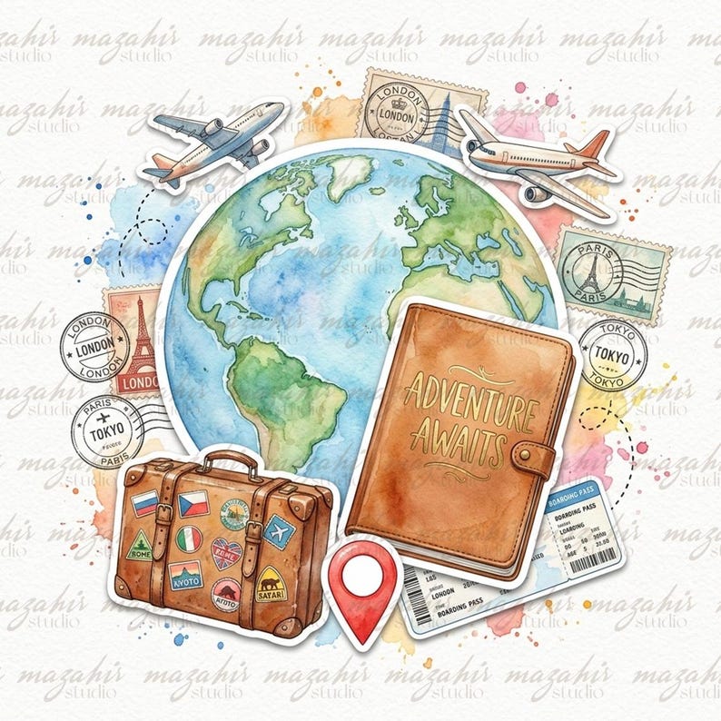 May include: Watercolor illustration featuring a globe, airplanes, travel stamps, a suitcase with stickers, a passport with "ADVENTURE AWAITS" text, a boarding pass, and a red location marker. The theme is travel and adventure.