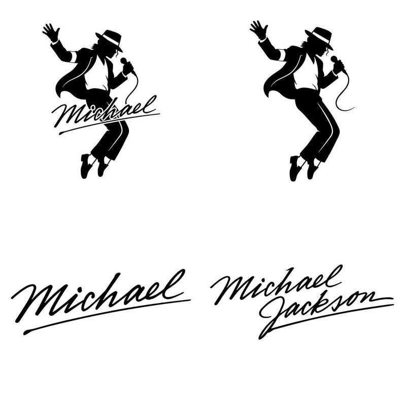 Puede incluir: Silueta en blanco y negro de un artista con sombrero y traje, sosteniendo un micr&oacute;fono y en pleno salto. La palabra "Michael" est&aacute; escrita en cursiva debajo. El texto adicional dice "Michael Jackson".