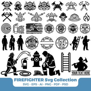 May include: A black and white firefighter SVG collection featuring various emblems, tools, and silhouettes. Includes helmets, axes, fire hydrants, and the text "FIREFIGHTER Svg Collection".