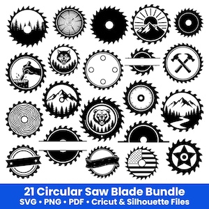 May include: A collection of 21 black circular saw blade designs. Each blade features a unique graphic, including a wolf, bear, mountains, trees, and tools. The designs are suitable for SVG, PNG, PDF, Cricut, and Silhouette files.