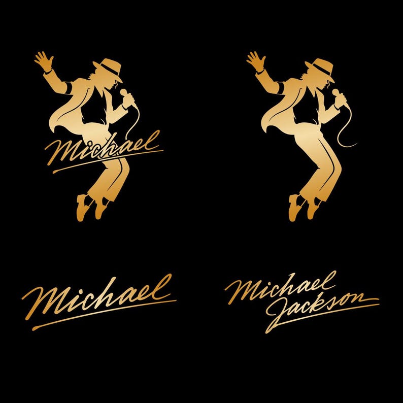 Puede incluir: Silueta dorada de un artista con fedora y traje, sosteniendo un micr&oacute;fono, a mitad de un baile. La palabra "Michael" est&aacute; escrita en cursiva debajo de la figura. El texto adicional dice "Michael Jackson". Todos los elementos sobre fondo negro.