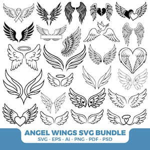 Alas de ángel SVG PNG, imágenes prediseñadas de alas de ángel, alas conmemorativas SVG, alas celestiales, alas de halo, paquete de alas SVG, silueta de alas