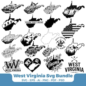 Paquete de archivos SVG de Virginia Occidental, siluetas de Virginia Occidental, archivos de corte de Virginia Occidental, SVG del estado de Virginia Occidental, diseños patrióticos de Virginia Occidental