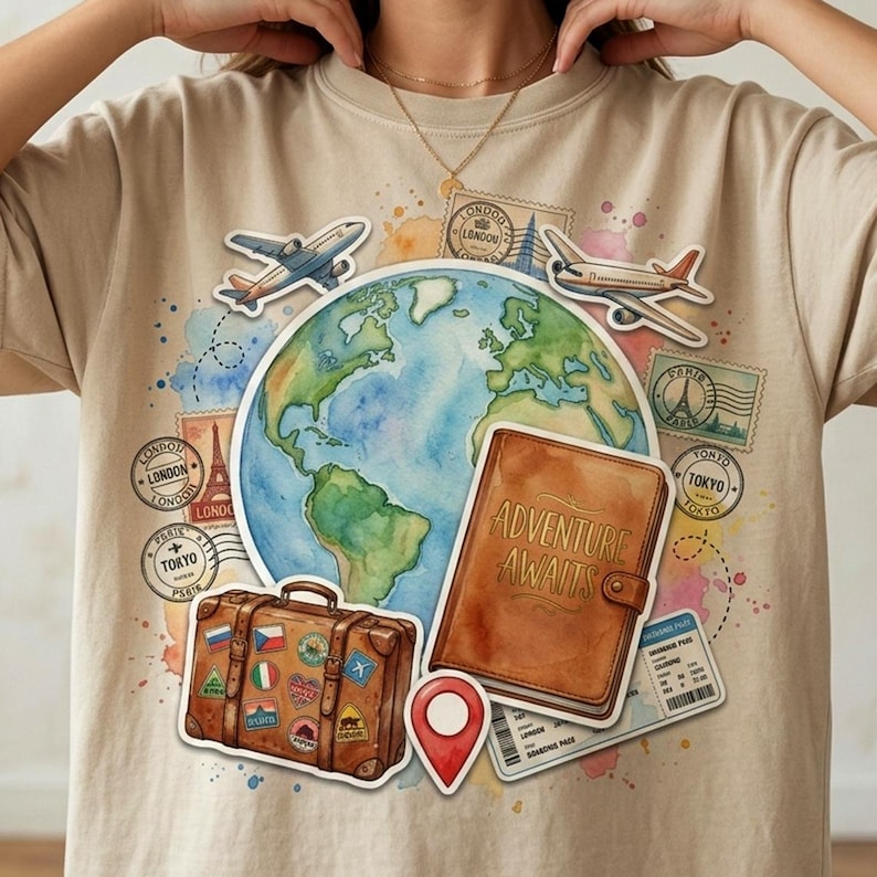 May include: Beige t-shirt with a travel-themed graphic. The design includes a watercolor globe, airplanes, a suitcase, stamps, a journal with "ADVENTURE AWAITS" text, and a red location pin. The shirt is a casual wear item.