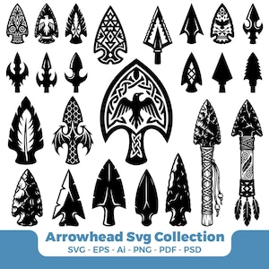May include: A collection of black and white arrowhead designs featuring various geometric, avian, and textured patterns. The set includes diverse shapes and styles, with the text Arrowhead Svg Collection SVG - EPS - Ai - PNG - PDF - PSD at the bottom.