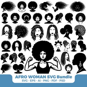 May include: A collection of black and white illustrations of Afro women with various hairstyles. The images include silhouettes and detailed portraits, showcasing different hair textures and styles. The text "AFRO WOMAN SVG BUNDLE" is at the bottom.