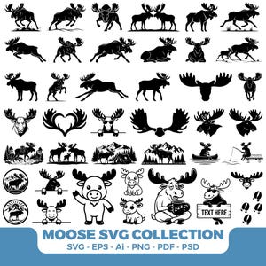 Può includere: Una collezione di illustrazioni di alci in bianco e nero con varie pose, sagome e stili di cartoni animati. Il set grafico include alci nella natura, ritratti, disegni di corna e un cartello con il testo "TEXT HERE".