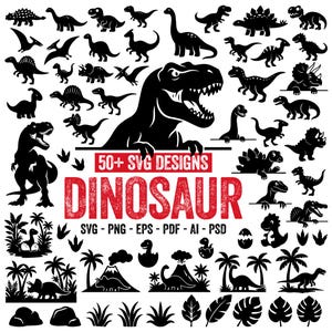 Op de afbeelding: Een verzameling zwarte dinosaurus silhouetten in verschillende poses, waaronder een T-Rex, met het woord "DINOSAUR" in rode blokletters. De afbeelding bevat ook de tekst "50+ SVG DESIGNS" en bestandstype opties.