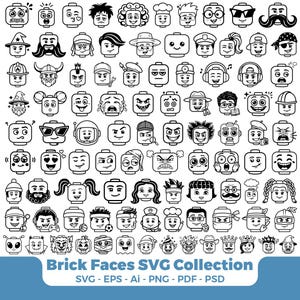 May include: A collection of black and white line art illustrations featuring various toy brick character heads with diverse expressions, hairstyles, and accessories. The text at the bottom reads Brick Faces SVG Collection SVG - EPS - Ai - PNG - PDF - PSD.