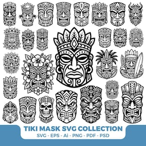 SVG de máscara Tiki, paquete de SVG Tiki, SVG de máscara polinesia tribal, archivos de corte de cara Tiki hawaiana, PNG tropical, SVG de luau hawaiano