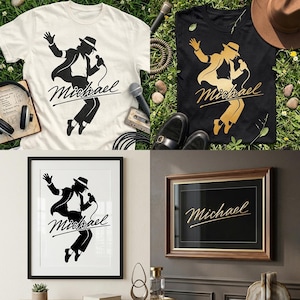 May include: A collection of items featuring a silhouette of a performer. Includes a white t-shirt, a black t-shirt, and two framed art pieces. The silhouette is of a person wearing a hat and holding a microphone, with the name "Michael" in cursive.