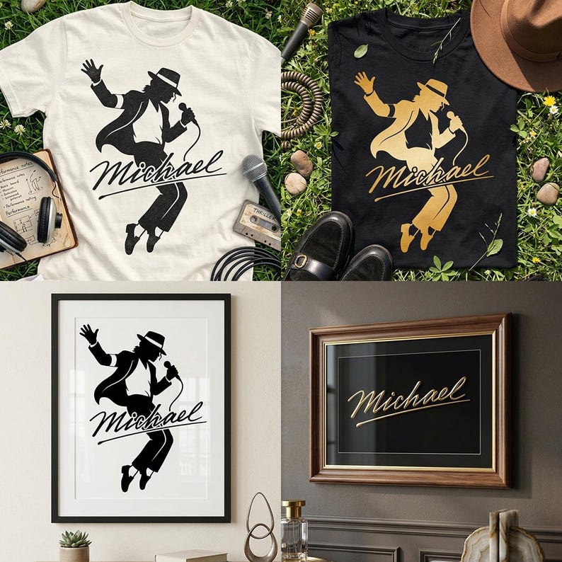 Puede incluir: Una colecci&oacute;n de art&iacute;culos con la silueta de un artista. Incluye una camiseta blanca, una camiseta negra y dos obras de arte enmarcadas. La silueta es de una persona con sombrero y micr&oacute;fono, con el nombre "Michael" en cursiva.