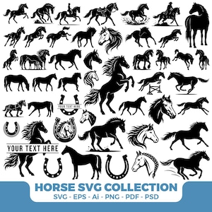 May include: A collection of black silhouettes featuring various horses in motion, standing, and jumping poses, along with horse head profiles and horseshoe icons. The image includes the text YOUR TEXT HERE and HORSE SVG COLLECTION.