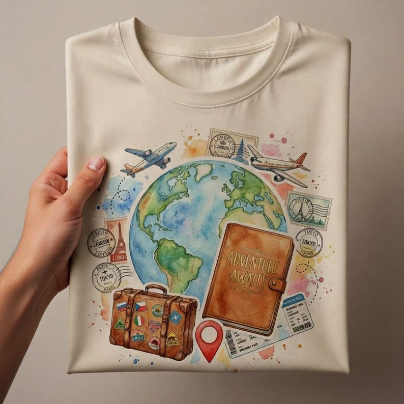 May include: Cream-colored t-shirt featuring a watercolor design of a globe, airplanes, passport, suitcase, and stamps. The passport reads "Adventure Awaits." A red location marker is also included in the design. The shirt is held by a person.