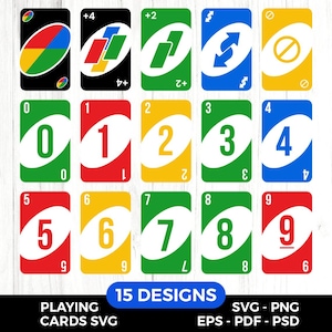 Puede incluir: Una colección de cartas de juego Uno coloridas. Las cartas presentan números, símbolos de acción especiales y diseños codificados por colores en rojo, verde, azul y amarillo. La imagen también incluye el texto "15 DESIGNS" e información del tipo de archivo.