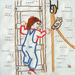 May include: Embroidered image of a girl climbing a ladder with a red bow in her hair, wearing blue overalls and a red shirt. A brown owl is perched on a rope to the right of the ladder.