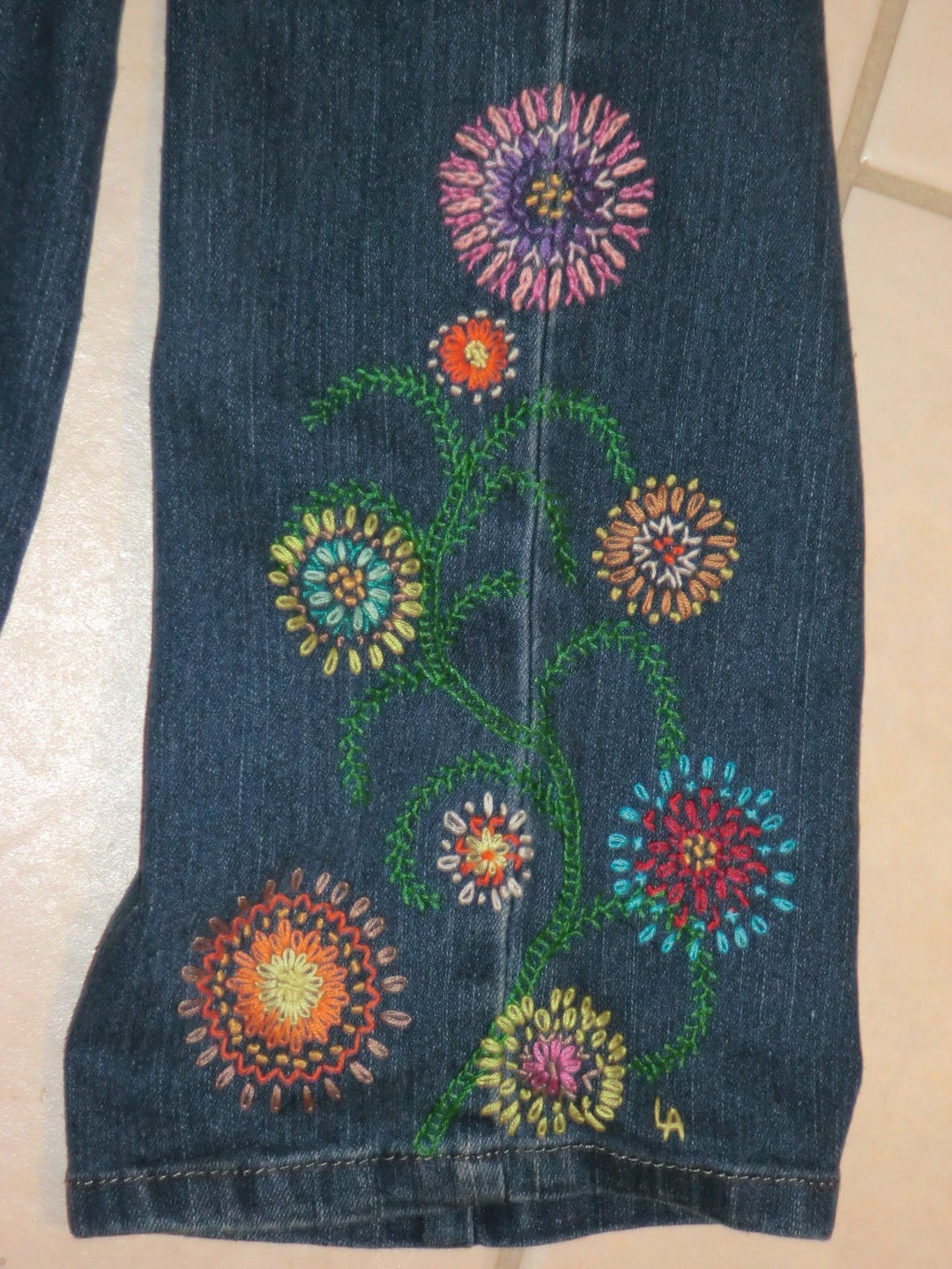 FLOWER POWER Hippie Style Blue Jean Crewel (Instant Download) - Etsy