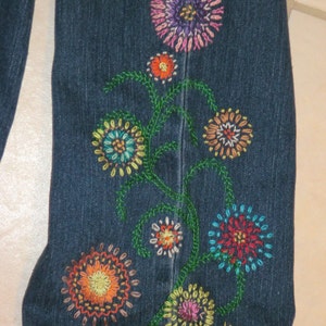 FLOWER POWER Hippie Style blue jean crewel embroidery PATTERN image 1