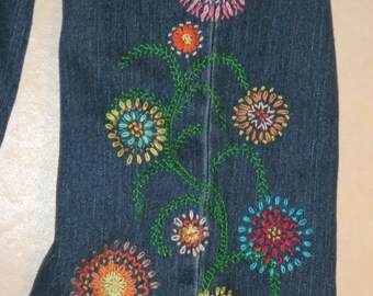 FLOWER POWER Hippie Style blue jean crewel embroidery PATTERN