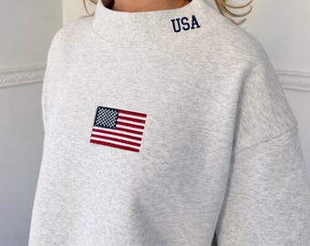 Sudadera de cuello alto con bandera de EE. UU. bordada / Jersey vintage estilo preppy americano
