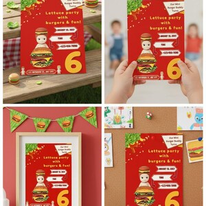 Customizable Hamburger-Themed Birthday Card Template,  Fast Food Birthday Announcement, Editable Snack Celebration Invitation