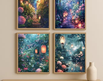 Set di poster anime con giardino giapponese - Lanterna e arte floreale (download digitale)