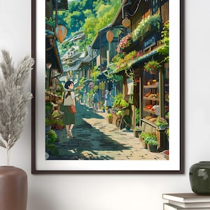 Anime Street Scene Poster: Studio Ghibli Inspired Japanese Village (Digital Download