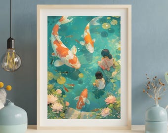 Anime Koi Pond Print: Studio Ghibli Style Japanese Art (Digital Download)