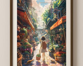 Op Studio Ghibli geïnspireerde anime Marketplace-poster: gezellige Japanse straatkunst
