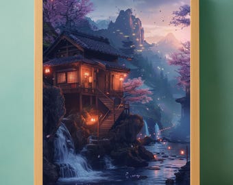 Japanese Teahouse Lantern Poster: Studio Ghibli Anime Landscape