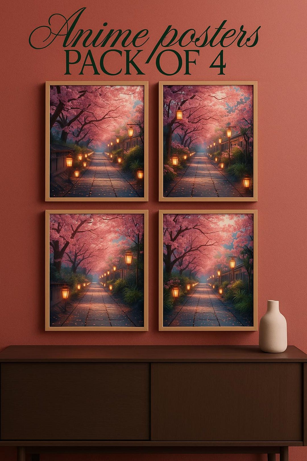 Cherry Blossom Anime Poster Set: Japanese Lantern Path Sakura Prints - Etsy