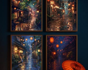 Ghibli-Style Anime Kyoto Street Prints: Cozy Lantern Town Poster Set