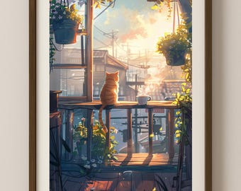 Ghibli Inspired Cat Art Print: Balcony Sunrise Coffee Anime Poster