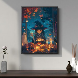 Cute Anime Witch Poster | Halloween Tea Party Wall Art | Cozy Spooky Anime Print | Digital Download Gothic Room Decor