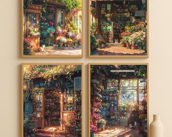 Op Studio Ghibli geïnspireerde animeposters: Cottagecore Flower Shop Art - set van 4