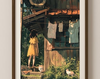 Ghibli Style Print: Girl, Cats, Cottagecore Anime Art