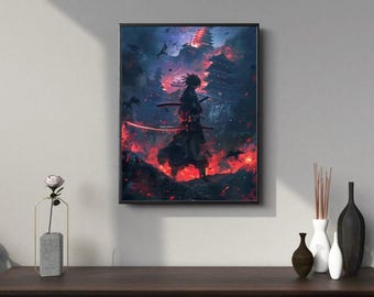 Poster anime Dark Samurai: Burning Fortress, arte del guerriero giapponese (download immediato)