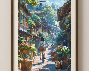 Stampa artistica dello Studio Ghibli: villaggio giapponese, ragazza in bicicletta