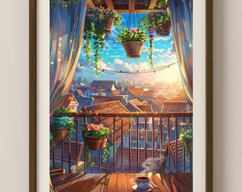Ghibli-geïnspireerde anime-afdruk: gezellige balkon ochtend uitzicht op kunst