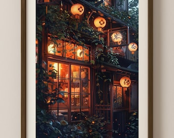 Japanese Lantern Street Poster: Ghibli Inspired Night Cafe Print