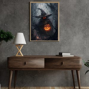 Dark Anime Witch Poster | Gothic Halloween Wall Art | Spooky Pumpkin Forest Print | Dark Fantasy Digital Download Decor