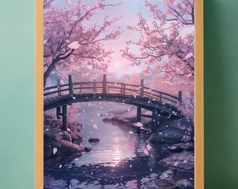 Ghibli Inspired Cherry Blossom Bridge Print: Japanese Anime Wall Art