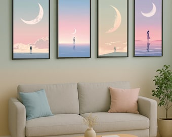 Set di poster anime minimalisti: silhouette di luna crescente (download digitale)