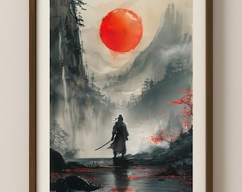 嵐の侍墨絵版画：江戸の武士の日本の墨絵アート - Etsy 日本