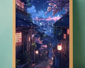 Lámina de arte mural de anime: Paisaje urbano nocturno con flores de cerezo japonesas