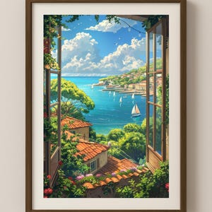 May include: A framed print of a coastal scene viewed through an open window. The artwork depicts a bright blue sea with sailboats, a village on a hillside, and lush greenery. The window frame is brown.