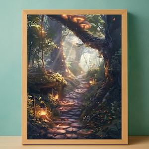 Puede incluir: Impresión enmarcada de una escena de bosque con un camino de piedra. Faroles iluminan el camino entre los árboles, y la obra de arte utiliza colores cálidos. La imagen está en un marco de madera.