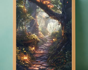Ghibli Inspired Forest Path Print: Enchanted Cottagecore Wall Art