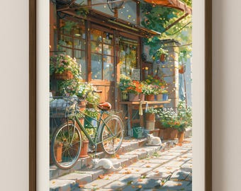 Ghibli Inspired Anime Print: Japanese Street Scene with Cats