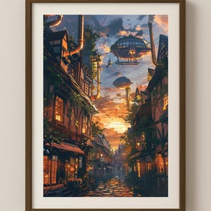 May include: A framed print of a fantasy cityscape at sunset. The artwork depicts a cobblestone street lined with buildings, with airships floating in the sky. The color palette includes warm oranges, browns, and blues.